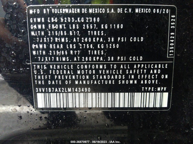 3VV1B7AX2LM143490 Volkswagen TIGUAN S