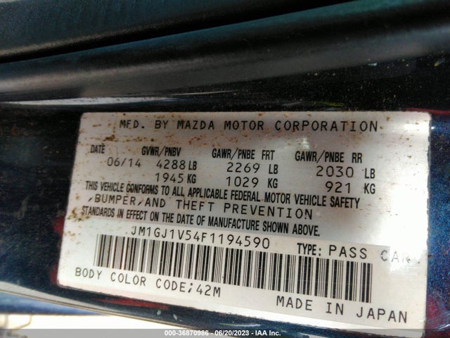 2015 MAZDA MAZDA6 I TOURING VIN: JM1GJ1V54F1194590