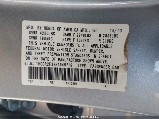 Honda Accord Sedan Lx 2014 1HGCR2F37EA049716 Image 9
