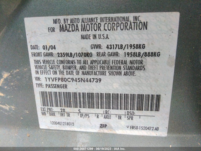 2004 MAZDA MAZDA6 I VIN: 1YVFP80C945N44739