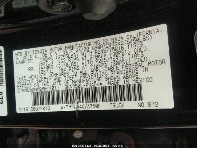 2009 TOYOTA TACOMA VIN: 3TMMU52NX9M014011