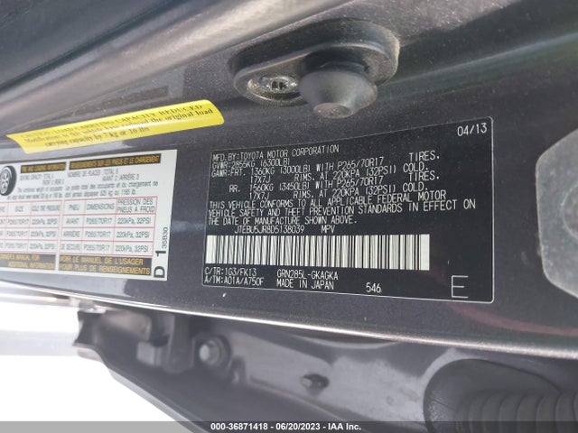 2013 TOYOTA 4RUNNER SR5/TRAIL/LIMITED VIN: JTEBU5JR8D5138039