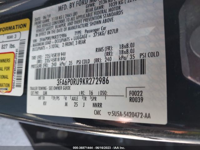 3FA6P0RU9KR272986 Ford Fusion Hybrid Titanium
