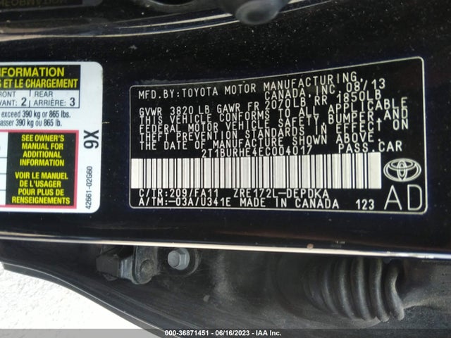 2014 TOYOTA COROLLA L/LE/S/S PLUS/LE PLUS VIN: 2T1BURHE4EC004017