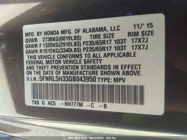Honda ODYSSEY SE 2016 5FNRL5H33GB043950 Image 9