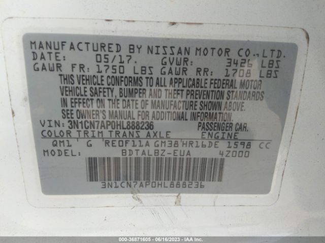 3N1CN7AP0HL888236 Nissan Versa Sedan Sv