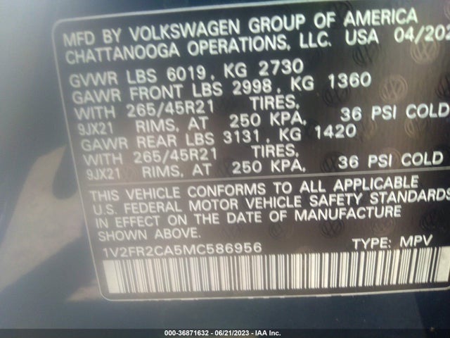 1V2FR2CA5MC586956 Volkswagen Atlas 3.6l V6 Sel Premium
