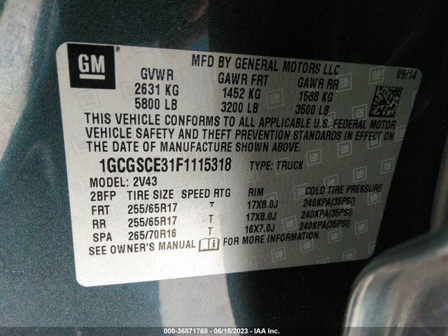 2015 CHEVROLET COLORADO 2WD Z71 VIN: 1GCGSCE31F1115318