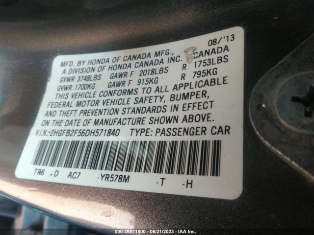 2013 HONDA CIVIC SDN LX VIN: 2HGFB2F56DH571840
