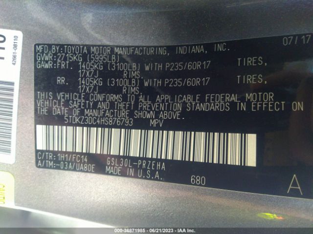 5TDKZ3DC4HS876793 Toyota SIENNA LE