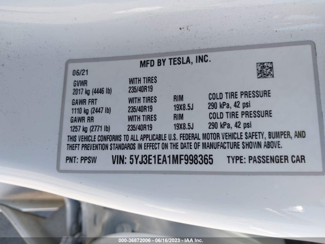 Tesla Model 3 Standard Range Plus 2021 5YJ3E1EA1MF998365 Image 9