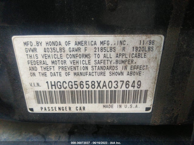 1999 HONDA ACCORD SDN EX VIN: 1HGCG5658XA037649