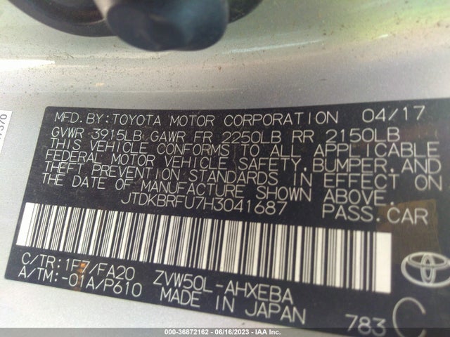 Toyota Prius Two/two Eco/three 2017 JTDKBRFU7H3041687 Image 9