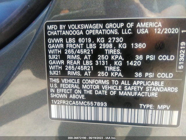 1V2FR2CA5MC557893 Volkswagen Atlas 3.6l V6 Sel Premium