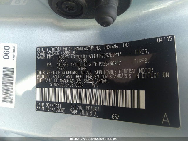 2015 TOYOTA SIENNA L VIN: 5TDZK3DC3FS610357