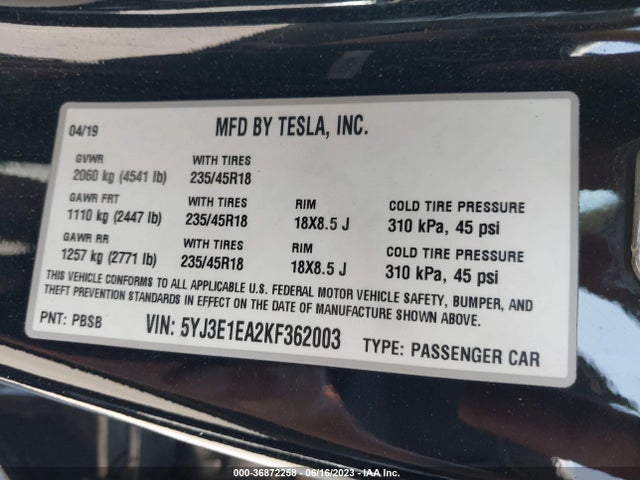 Tesla Model 3 Range 2019 5YJ3E1EA2KF362003 Image 16