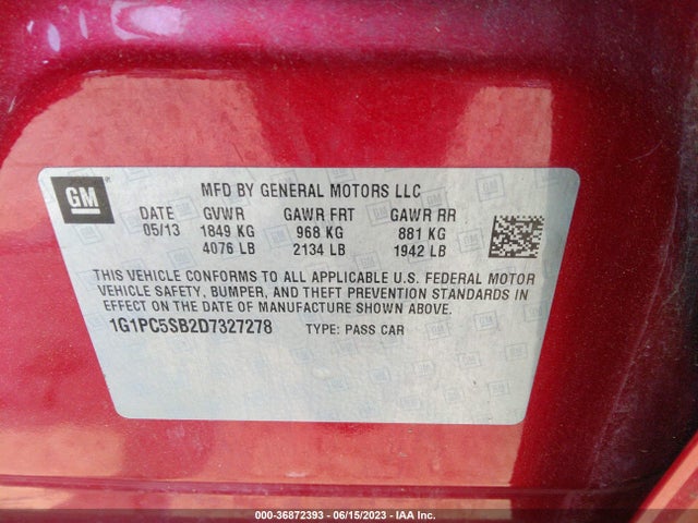 2013 CHEVROLET CRUZE 1LT VIN: 1G1PC5SB2D7327278
