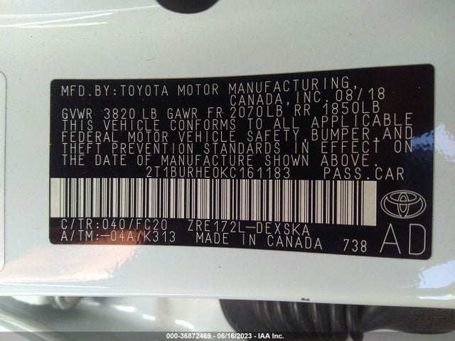 2019 TOYOTA COROLLA SE VIN: 2T1BURHE0KC161183