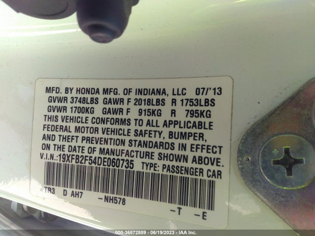 2013 HONDA CIVIC SDN LX VIN: 19XFB2F54DE060735