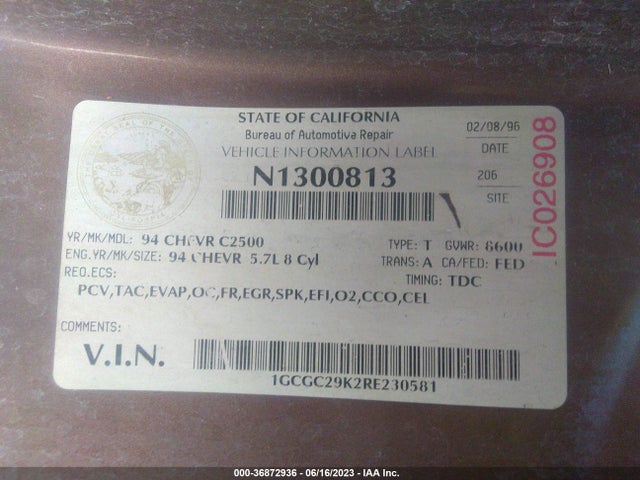 1994 CHEVROLET GMT-400 C2500 VIN: 1GCGC29K2RE230581