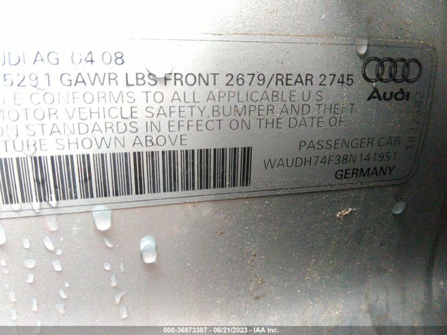 2008 AUDI A6 VIN: WAUDH74F38N141951