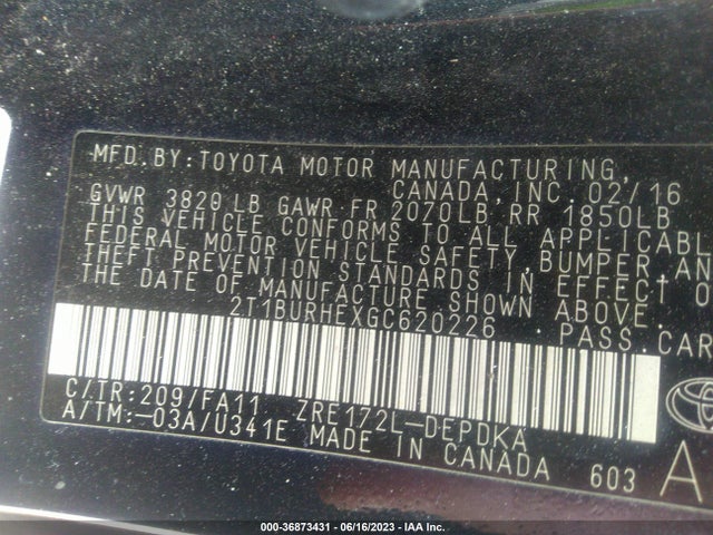 2016 TOYOTA COROLLA L/LE/S/S PLUS/LE PLUS VIN: 2T1BURHEXGC620226