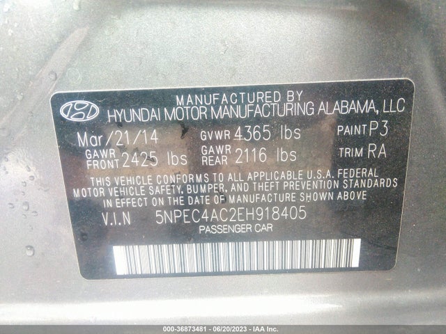2014 HYUNDAI SONATA LIMITED VIN: 5NPEC4AC2EH918405