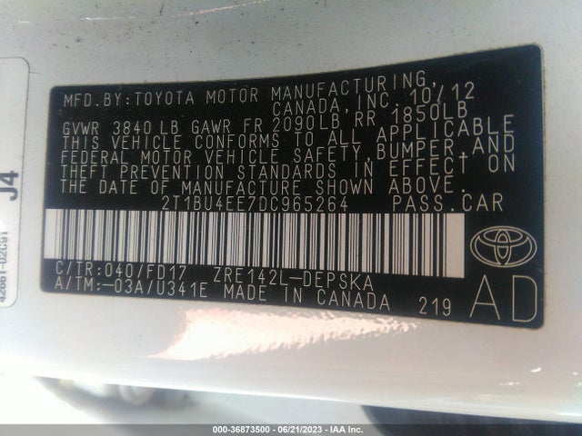 2013 TOYOTA COROLLA L/LE/S VIN: 2T1BU4EE7DC965264