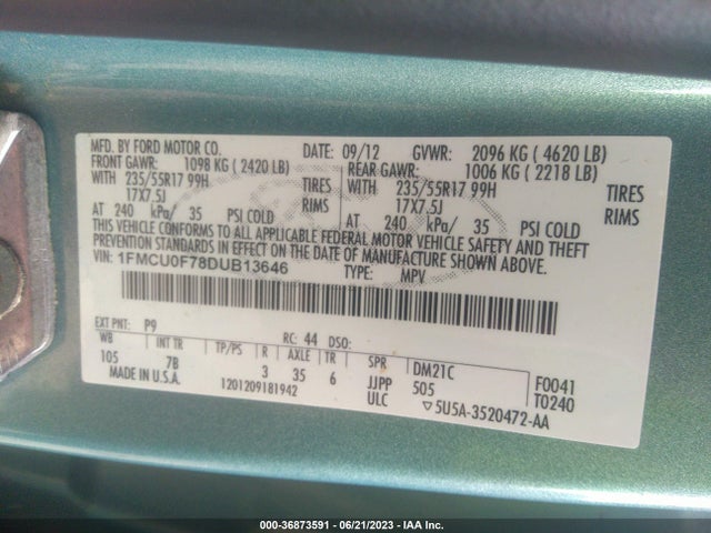 2013 FORD ESCAPE S VIN: 1FMCU0F78DUB13646