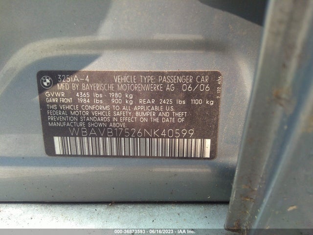 2006 BMW 3 SERIES 325I VIN: WBAVB17526NK40599