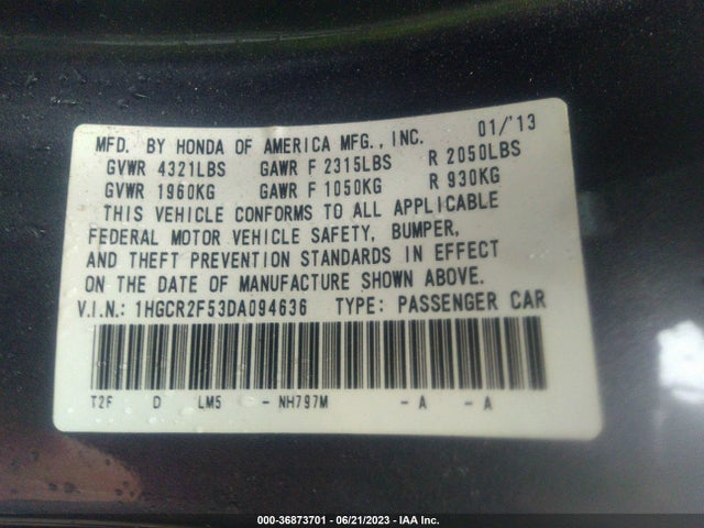 2013 HONDA ACCORD SDN SPORT VIN: 1HGCR2F53DA094636