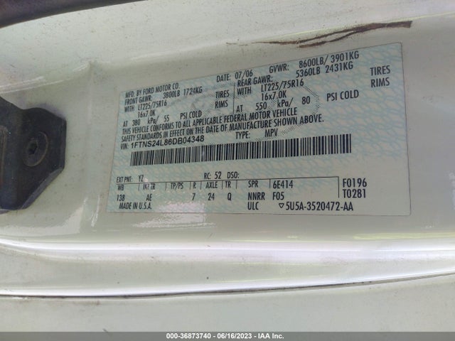 2006 FORD ECONOLINE CARGO VAN VIN: 1FTNS24L86DB04348
