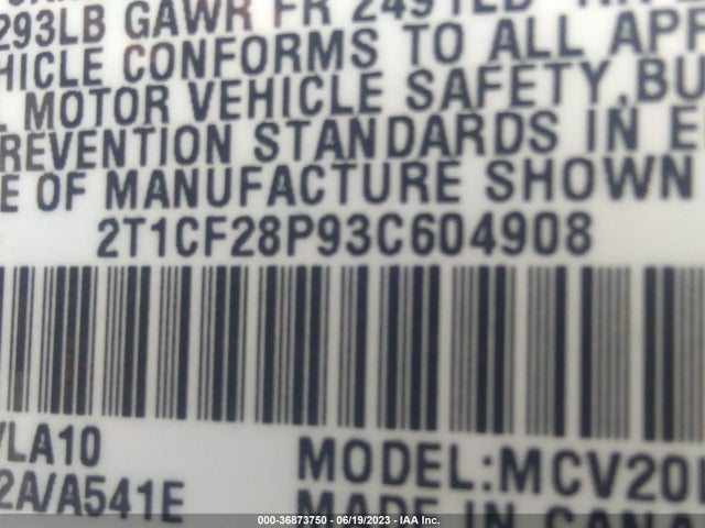 2003 TOYOTA CAMRY SOLARA SE/SLE VIN: 2T1CF28P93C604908