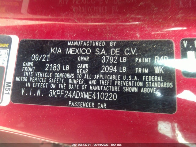 2021 KIA FORTE LXS VIN: 3KPF24ADXME410220