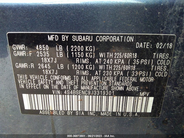 2018 SUBARU OUTBACK LIMITED VIN: 4S4BSENC9J3319301