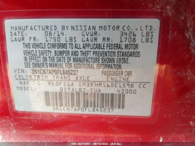 3N1CN7AP0FL845237 Nissan VERSA SV