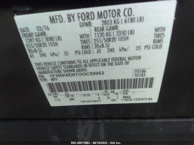 2016 FORD EXPLORER XLT VIN: 1FM5K8D87GGC55952