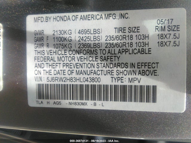 Honda Cr-v Ex-l 2017 5J6RW2H83HL043800 Image 9