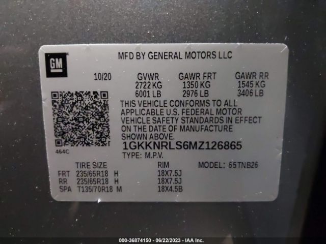 1GKKNRLS6MZ126865 GMC ACADIA SLE