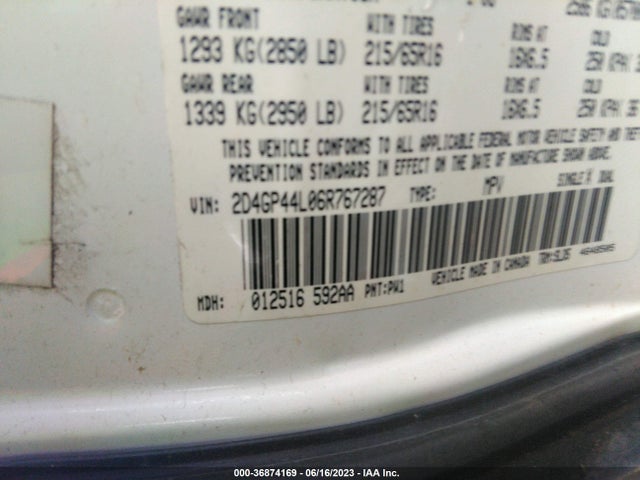 2006 DODGE GRAND CARAVAN SXT VIN: 2D4GP44L06R767287