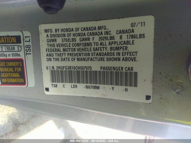 2012 HONDA CIVIC CPE EX-L VIN: 2HGFG3B16CH507970