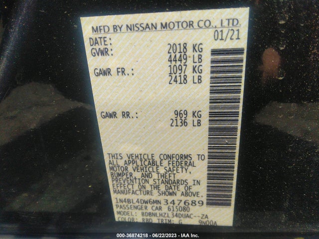 2021 NISSAN ALTIMA 2.5 SV VIN: 1N4BL4DW6MN347689