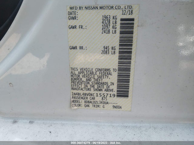 2019 NISSAN ALTIMA 2.5 S VIN: 1N4BL4BV0KC155719
