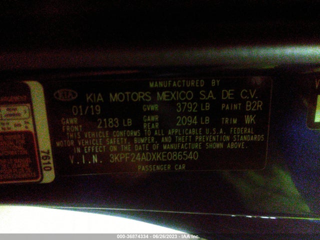 2019 KIA FORTE LXS VIN: 3KPF24ADXKE086540