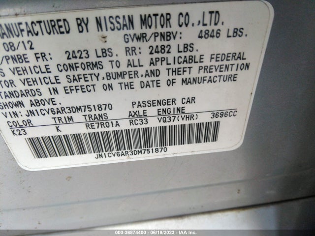 36874400 :رقم المزاد ، JN1CV6AR3DM751870 vin ، 2013 Infiniti G37x مزاد بيع