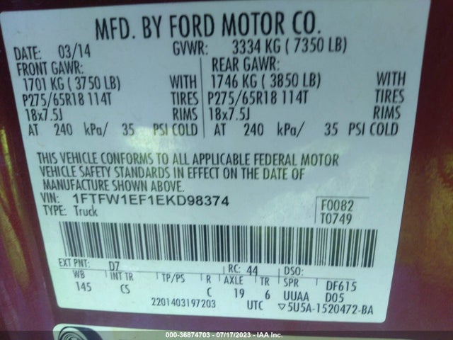 2014 FORD F-150 XL/XLT/STX/FX4/LARIAT VIN: 1FTFW1EF1EKD98374