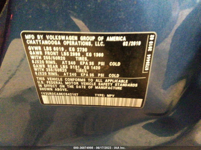 1V2UR2CA9KC542107 Volkswagen Atlas 3.6l V6 Se W/technology