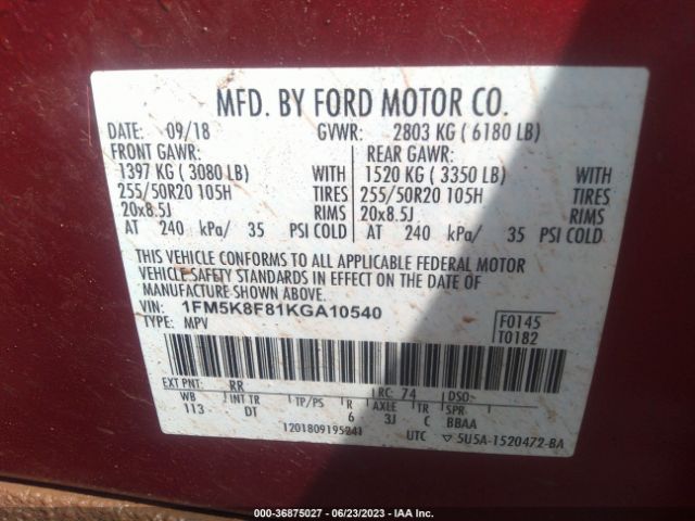 1FM5K8F81KGA10540 Ford Explorer Limited