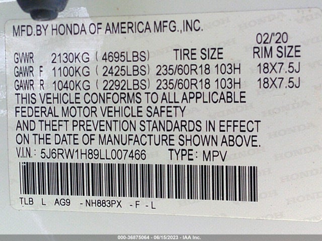 Honda Cr-v Ex-l 2020 5J6RW1H89LL007466 Image 9