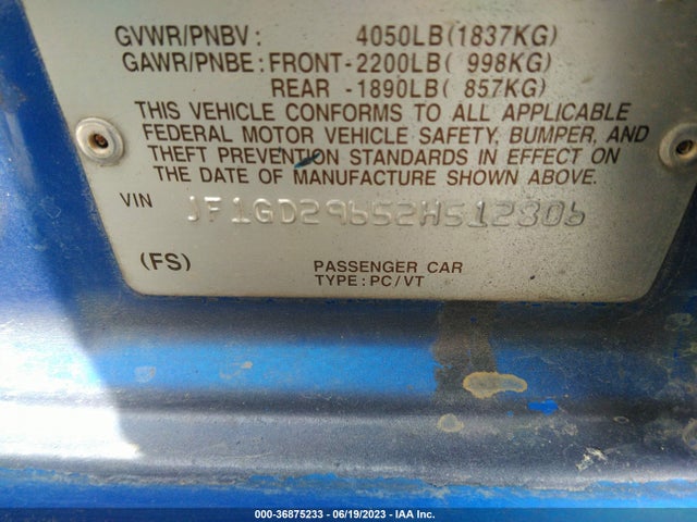 2002 SUBARU IMPREZA SEDAN WRX VIN: JF1GD29652H512806